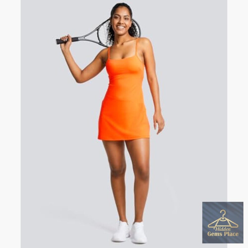 Women's Athletic Dress Built-in Bra Shorts Pockets Moisture-Wicking - Picture 2 of 7